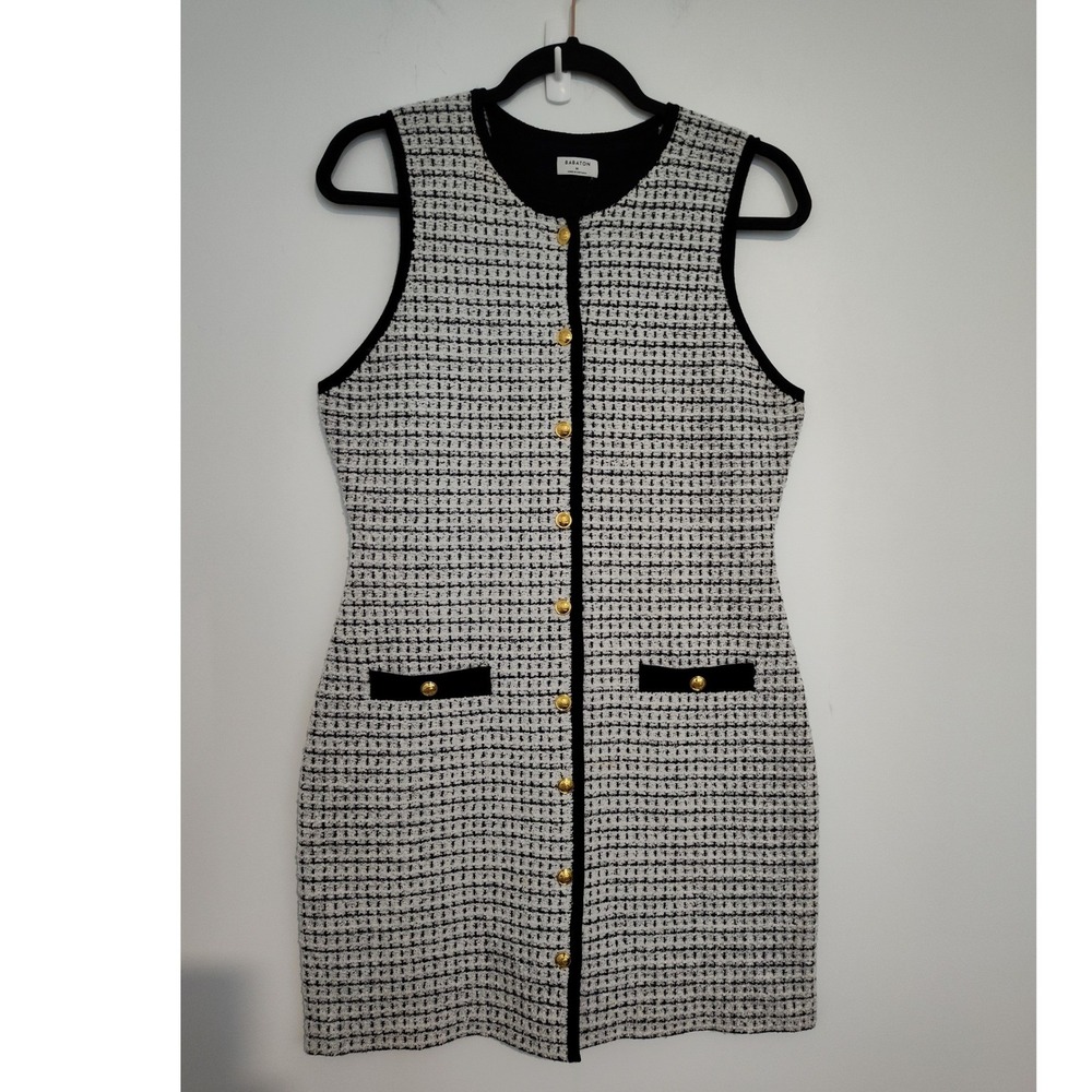 Babaton Aritzia Louisa Tweed Mini Dress Birch Black Gold Button Boucle Size M